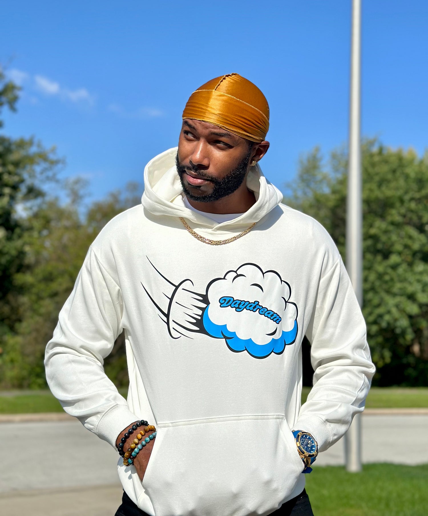 Model wearing white daydream hoodie
